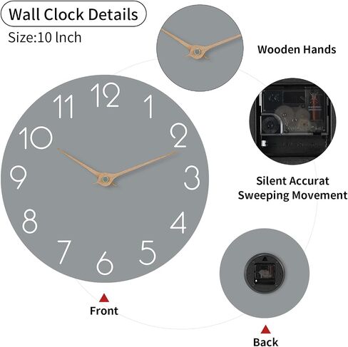 cicininc Wood Wall Clock, Gray Wooden Silent Non-Ticking, Decorative Battery Operated Wall Clocks for Bedroom, Kitchen, Home, Living Room, Office, School, Hotel (10") in Saudi Arabia