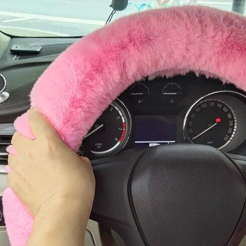 Fluffy Steering Wheel Cover for Women, YUNXNYC Winter Fashion Wool Fur Soft Furry Steering Wheel Covers Fuzzy Warm Plush Non-Slip Car Decoration Universal Fit Most Car (Pink) in Saudi Arabia