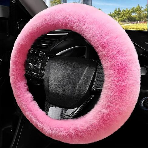 Fluffy Steering Wheel Cover for Women, YUNXNYC Winter Fashion Wool Fur Soft Furry Steering Wheel Covers Fuzzy Warm Plush Non-Slip Car Decoration Universal Fit Most Car (Pink) in Saudi Arabia