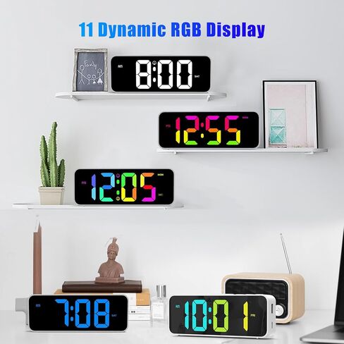 Digital Alarm Clock for Kids Teens,11 Dynamic RGB Color Modes,Large LED Mirror Display,Dual Alarm,USB Charger,Adjustable Volume,Snooze,Outlet Powered Dimmable Alarm Clocks for Bedrooms,Bedside in Saudi Arabia