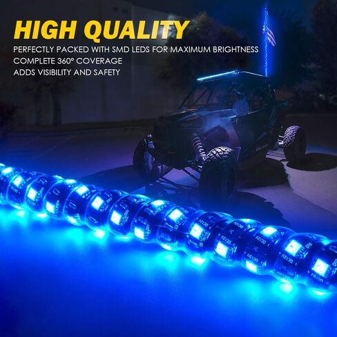 أضواء سوط حلزونية LED زرقاء Xprite بطول 5 أقدام، هوائي مضاء بعمود سوط مقاوم للماء مع العلم الأمريكي قطعتين للرمل الكثبان الرملية للطرق الوعرة UTV ATV Polaris RZR Can-Am X3 4X4 شاحنات جيب جنبًا إلى جنب in Saudi Arabia