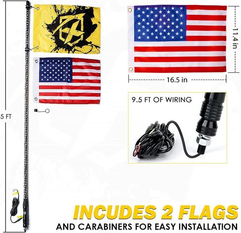 أضواء سوط حلزونية LED زرقاء Xprite بطول 5 أقدام، هوائي مضاء بعمود سوط مقاوم للماء مع العلم الأمريكي قطعتين للرمل الكثبان الرملية للطرق الوعرة UTV ATV Polaris RZR Can-Am X3 4X4 شاحنات جيب جنبًا إلى جنب in Saudi Arabia