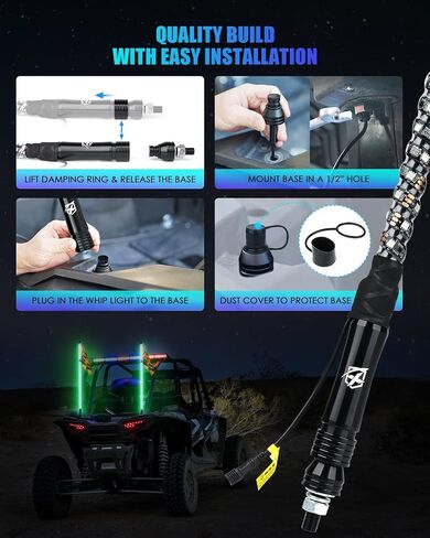 أضواء سوط حلزونية LED زرقاء Xprite بطول 5 أقدام، هوائي مضاء بعمود سوط مقاوم للماء مع العلم الأمريكي قطعتين للرمل الكثبان الرملية للطرق الوعرة UTV ATV Polaris RZR Can-Am X3 4X4 شاحنات جيب جنبًا إلى جنب in Saudi Arabia
