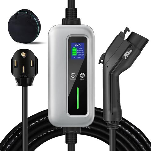 Level 2 EV Charger, 32A 240V Portable J1772 EV Car Charger with NEMA 14-50 Plug, Plug-in EV Charging Station with Timing Delay &10-32A Adjustable Amp with 25ft Extension Cable and Carrying Bag in Saudi Arabia