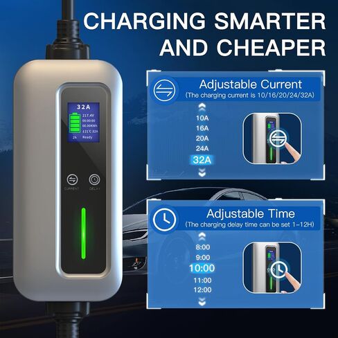 Level 2 EV Charger, 32A 240V Portable J1772 EV Car Charger with NEMA 14-50 Plug, Plug-in EV Charging Station with Timing Delay &10-32A Adjustable Amp with 25ft Extension Cable and Carrying Bag in Saudi Arabia