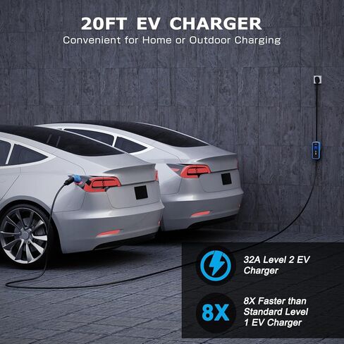 شاحن EV المستوى 2 (10-32 أمبير، 110 فولت-240 فولت، SAEJ1772)، شاحن سيارة كهربائي محمول 20 قدم NEMA14-50 قابس للمنزل المستوى 2، مؤقت تأخير 1-12 ساعة مع حامل in Saudi Arabia