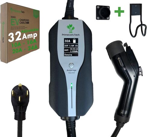 Primecom.Tech المستوى 2 لشاحن السيارة الكهربائية (EV) أمبير قابل للتعديل (10Amp - 16Amp - 20Amp - 24Amp - 32Amp) كابل EVSE Plug-in Hybrid بطول 30 قدمًا (30 قدمًا، 14-50P) in Saudi Arabia
