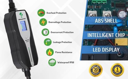 Primecom.Tech المستوى 2 لشاحن السيارة الكهربائية (EV) أمبير قابل للتعديل (10Amp - 16Amp - 20Amp - 24Amp - 32Amp) كابل EVSE Plug-in Hybrid بطول 30 قدمًا (30 قدمًا، 14-50P) in Saudi Arabia