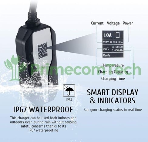 Primecom.Tech المستوى 2 لشاحن السيارة الكهربائية (EV) أمبير قابل للتعديل (10Amp - 16Amp - 20Amp - 24Amp - 32Amp) كابل EVSE Plug-in Hybrid بطول 30 قدمًا (30 قدمًا، 14-50P) in Saudi Arabia
