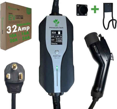Primecom.Tech المستوى 2 لشاحن السيارة الكهربائية (EV) أمبير قابل للتعديل (10Amp - 16Amp - 20Amp - 24Amp - 32Amp) كابل EVSE Plug-in Hybrid بطول 30 قدمًا (30 قدمًا، 14-50P) in Saudi Arabia