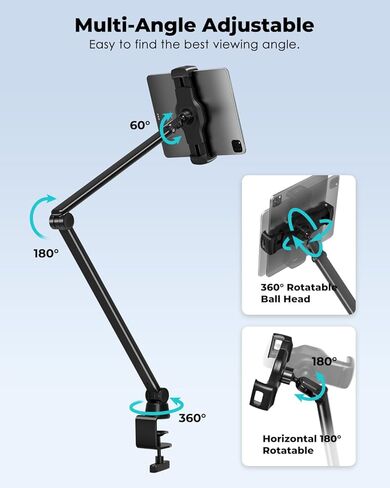 Viozon حامل حامل للهاتف اللوحي مع ذراع طويل مرن، أجهزة 3.5-13 بوصة، ارتفاع وزاوية قابلة للتعديل، شديد التحمل، حامل مكتب على السرير متوافق مع iPad iPhone للتصوير الفوتوغرافي لمدونة الفيديو، أبيض in Kuwait