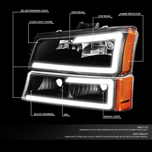 DNA Motoring HL-LB-CSIL03-BK-AM Black Amber 3D LED DRL Headlight Bumper Lamp Set Compatible with 03-06 Silverado 1500-3500 / Avalanche 1500 2500 in Saudi Arabia
