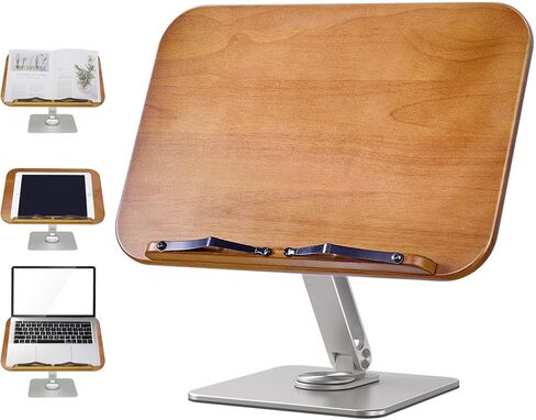 Book Stand Holder for Reading, Adjustable Cookbook Holder with 360° Swivel Base and Page Clips, Foldable Desktop Ricer for Music Scores, Recipe, Laptop, Textbook, 15.4＂x 10.4＂Solid Wood Board in Kuwait