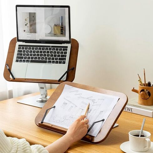 Book Stand Holder for Reading, Adjustable Cookbook Holder with 360° Swivel Base and Page Clips, Foldable Desktop Ricer for Music Scores, Recipe, Laptop, Textbook, 15.4＂x 10.4＂Solid Wood Board in Kuwait