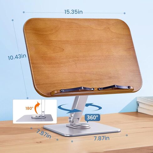 Book Stand Holder for Reading, Adjustable Cookbook Holder with 360° Swivel Base and Page Clips, Foldable Desktop Ricer for Music Scores, Recipe, Laptop, Textbook, 15.4＂x 10.4＂Solid Wood Board in Kuwait
