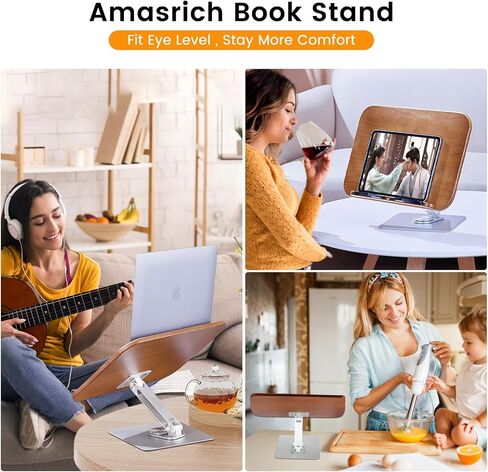 Book Stand Holder for Reading, Adjustable Cookbook Holder with 360° Swivel Base and Page Clips, Foldable Desktop Ricer for Music Scores, Recipe, Laptop, Textbook, 15.4＂x 10.4＂Solid Wood Board in Kuwait