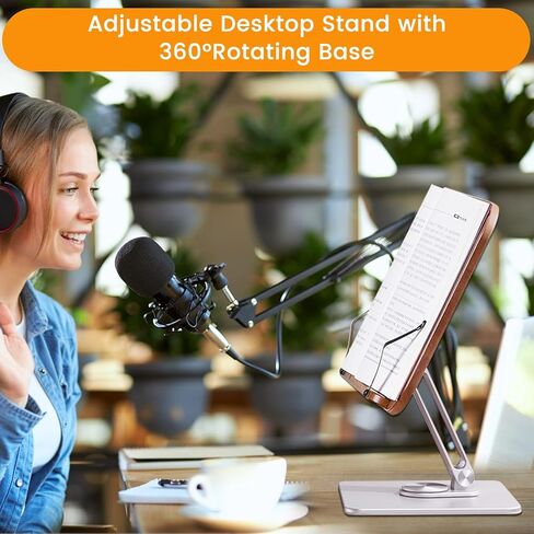 Book Stand Holder for Reading, Adjustable Cookbook Holder with 360° Swivel Base and Page Clips, Foldable Desktop Ricer for Music Scores, Recipe, Laptop, Textbook, 15.4＂x 10.4＂Solid Wood Board in Kuwait