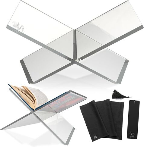 Acrylic Book Holder Stand with Free Acrylic Bookmark and Microfibre Cloth - Clear Acrylic Book Stand for Display or Reading - Modern Design of Open Book Display Stand (7.8" x 11.8" x 6.7") in Saudi Arabia