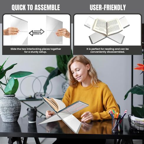 Acrylic Book Holder Stand with Free Acrylic Bookmark and Microfibre Cloth - Clear Acrylic Book Stand for Display or Reading - Modern Design of Open Book Display Stand (7.8" x 11.8" x 6.7") in Saudi Arabia