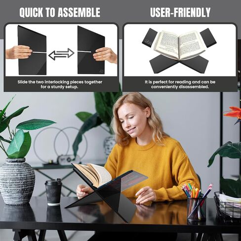Acrylic Book Holder Stand with Free Acrylic Bookmark and Microfibre Cloth - Clear Acrylic Book Stand for Display or Reading - Modern Design of Open Book Display Stand (7.8" x 11.8" x 6.7") in Saudi Arabia