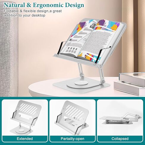 حامل كتب للقراءة، حامل كتب قابل للتعديل من Grathia مع مشابك صفحات وزوايا متعددة الارتفاعات، حامل صفحات مكتب مريح من الألومنيوم، حامل كتب قابل للطي للكتب المدرسية والكمبيوتر اللوحي (12 بوصة) in Kuwait