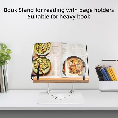حامل كتب للقراءة، حامل كتب قابل للتعديل يدور 360 درجة مع مشابك صفحات بدون استخدام اليدين، حامل كتب وصفات الخيزران للمكتب مع قاعدة متينة، حامل كتب كبير محمول للمطبخ in Saudi Arabia
