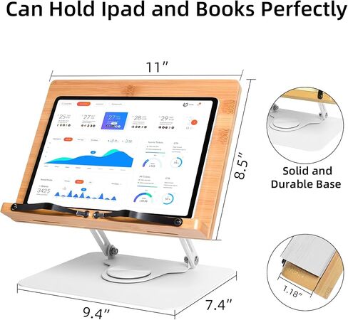 حامل كتب للقراءة، حامل كتب قابل للتعديل يدور 360 درجة مع مشابك صفحات بدون استخدام اليدين، حامل كتب وصفات الخيزران للمكتب مع قاعدة متينة، حامل كتب كبير محمول للمطبخ in Saudi Arabia