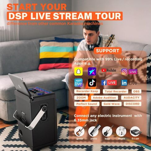 FPSK-1 DSP جهاز كاريوكي بلوتوث مع ميكروفونات لاسلكية، نظام PA محمول يدعم البث المباشر - كمكبر صوت لجهاز العرض مع تأثير صوتي/أضواء DJ/FM/تسجيل رقمي in Kuwait