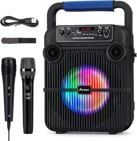 آلة كاريوكي Asmuse مع 2 ميكروفونات، آلة كاريوكي محمولة للبالغين مع أضواء LED، مكبر صوت بلوتوث محمول للحفلات/المنزل/الهدايا، تدعم بطاقة TF، USB، AUX in، FM، REC in Kuwait