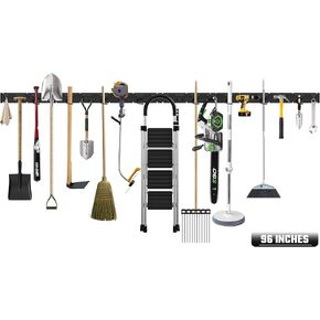 96 Inch Garden Tool Organizer, Wall Mount Tool Storage Rack, Heavy Duty Yard Tool Organizer for Garage With 20 Adjustable Hooks Max Load 1500 LBS Garage Shelving for Hanging Rake, Shovels, Trimmers