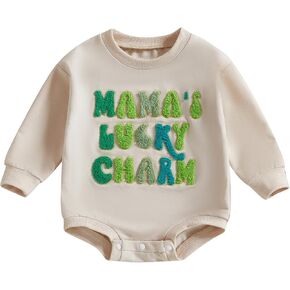 Baby Boy Girl St. Patrick Day Outfit Mamas Lucky Charm Letter Embroidery Long Sleeve Sweatshirt Romper Bodysuit