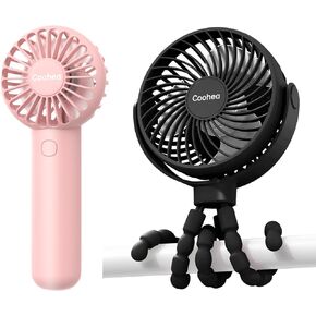 Black Stroller Fan+Pink Handheld Fan, Small Portable Fan for Travel Beach Vacation Hike Camping Outdoor