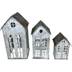 Set of 3 Country Farmhouse Christmas Village Galvanized Grey Metal House Shaped Oversized Votive Candle Holders - Perfect for Rustic Western Décor, Adds Charm to Your Space
