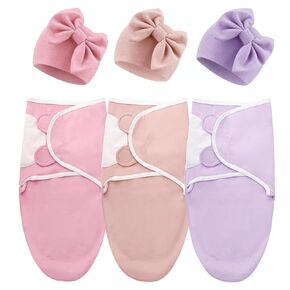 DRASHOW BQUBO 3 Pack Baby Mwaddle Sleep Sacks Baby Mwaddle Wrap Nevel Newborn Stack مع قبعة القوس الكبيرة للطفل الفتيات الفتيات 6-12 رطل و 0-3 أشهر الفتيات الفتيات