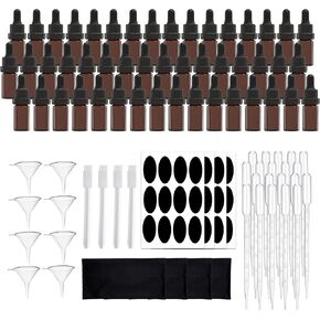 Amber Glass Tincture Bottles Includes Droppers - For Essential Oils, Perfumes and Liquid Storage - Includes Funnels, Labels, Pipettes and Microfiber Cloth - 0.33 fl oz / 10 ml, 36 pack