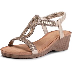 صندل Fralosha Wedge للنساء الأنيق مرنة الكاحل حزام Rhinestone غير الرسمي الصيف منخفض الكعب مريح حذاء مريح