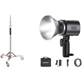 NEEWER Heavy Duty Light Stand with Casters, Adjustable Tripod Stand with 100% Stainless Steel, Photography Wheeled Base Stand for Studio Softbox, Monolight, Reflector, MS60 LED Video Light Included