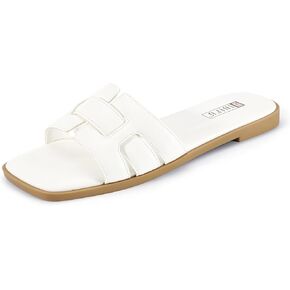 IDIFU Women's Flat Sandals Slip On Open Square Toe Slide Sandals for Women Comfortable Summer Dressy Cute Ladies Casual Trendy Fancy Fashion Cross Strap Beach Wedding Dress Sandals