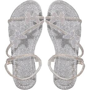 GORGLITTER Women's Butterfly Sandals Dressy Cute Strappy Glitter Rhinestone Open Toe Slides Wedding Bridal Flats Sandal