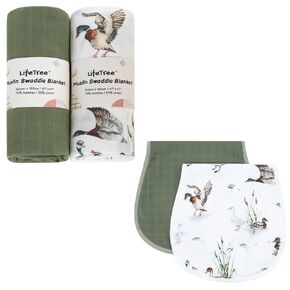 LifeTree Muslin Swaddle Blankets, Baby Burp Cloths for Boys Girls Neutral Newborn, Soft 70% Viscose from Bamboo and 30% Cotton Mallard Duck & Olive