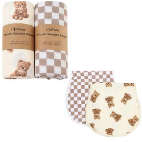 LifeTree Muslin Swaddle Blankets, Baby Burp Cloths for Boys Girls Neutral Newborn, Soft 70% Viscose from Bamboo and 30% Cotton Bear & Checkered