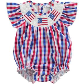 BemeyourBBs Newborn Baby Girl 4th of July Outfit Smocked Bubble Romper Jumpsuit Infant Girl Fourth of July Summer Clothes