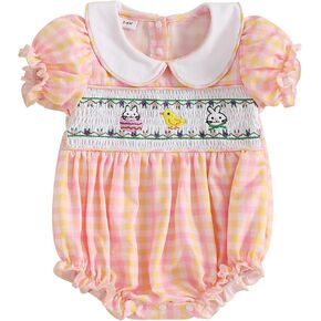 Baby Girl Easter Outfits Bunny Romper Rabbit Embroidery Puff Short Sleeve Smocked Bubble Bodysuit Summer Jumpsuit