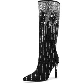 GOSERCE Black Rhinestone Knee High Boots for Women Suede Long High Heel Boot Pointed Toe Tall Stiletto Sparkly Boots Dress Girls Party Prom Shows Glitter Shoes