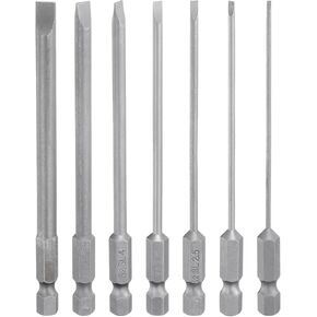 HARFINGTON 7pcs Slotted Screwdriver Bit Set SL1.6/SL2.0/SL2.5/SL3.0/SL4.0/SL5.0/SL6.0 S2 Steel 1/4" Hex Shank 4" Length Magnetic Flat Head Power Drill Bits