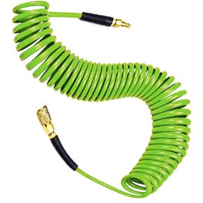 Air Compressor Hose 1/4 in x 25 ft PU Air Hose Kit with 1/4" Industrial Air Fittings and Bend Restrictors, Working Pressure of 300 PSI, Green
