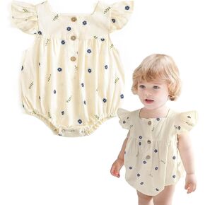 Simplee kids Baby Girls’ Romper Toddler Floral Romper Ruffle Outfit Infant Summer One-Piece Jumpsuit 6 Months Beige
