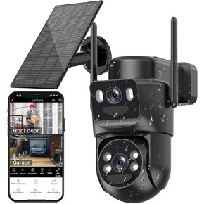 6MP Solar Security Camera Wireless Outdoor, 2.4ghz & 5ghz WiFi 6, Fixed & Rotating Dual Lens 2-in-1 Home Security Camera with Color Night Vision, Auto Tracking, Human Detection, Siren, 360°PTZ