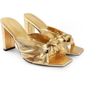 COLETER Women's Chunky Heeled Mules Bow Knot Square Toe Sandals Summer Evening Party Shoes