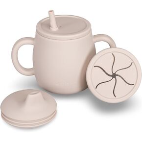 4-in-1 Silicone Sippy Cup with Snack and Straw Lid 6oz | Transition Training Cup for 6+ months to Toddler (Beige)